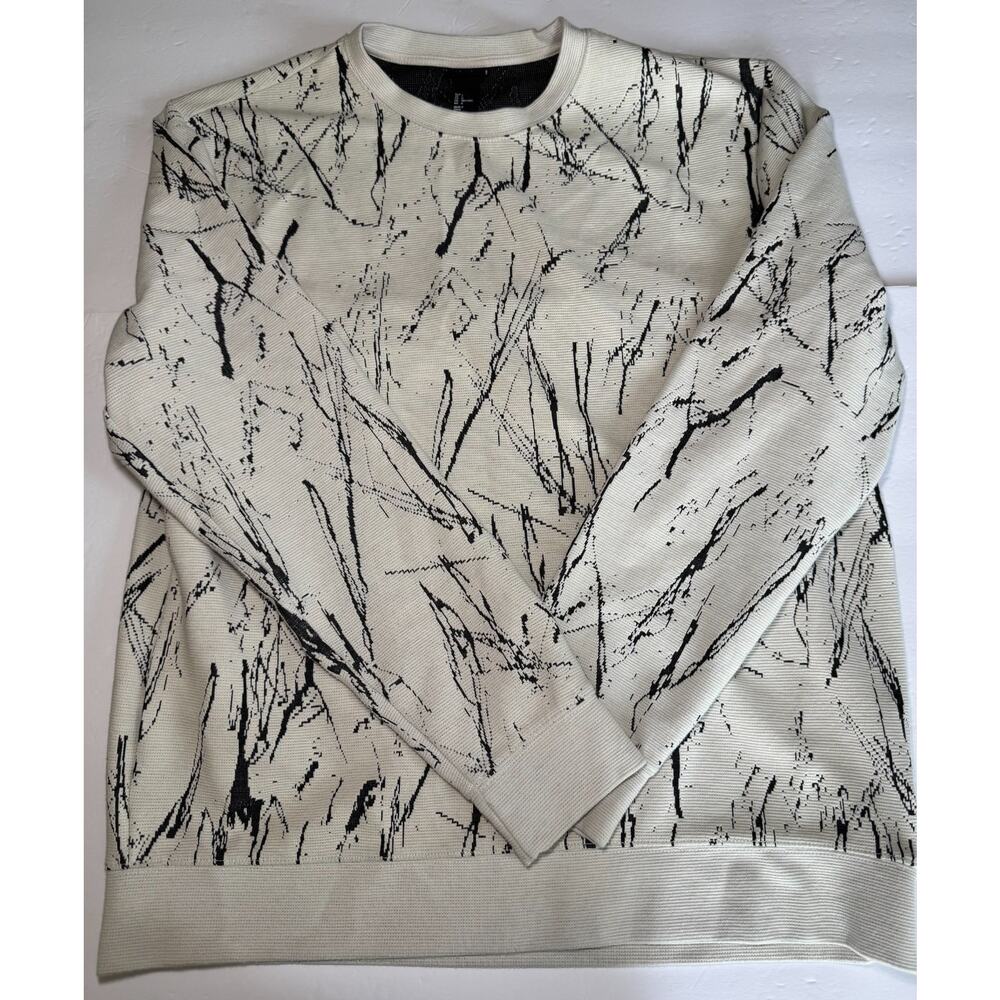 H&M Men's Large Abstract Print Crewneck Knit Sweatshirt White Black Splatter